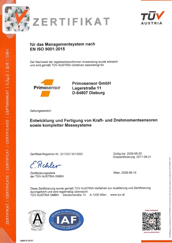 DIN EN ISO 9001:2015 Zertifikat von Primosensor