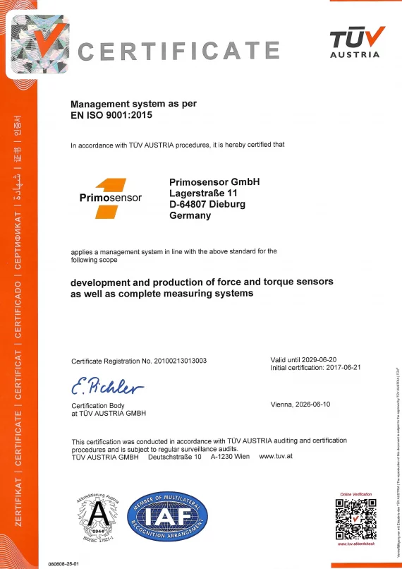 Certificat DIN EN ISO 9001:2015 de Primosensor