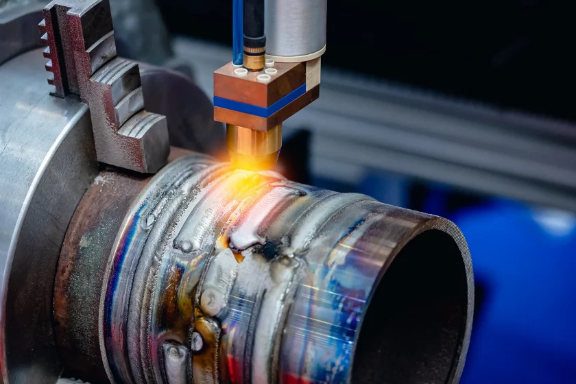 Close-up of a welding device that welds a seam
